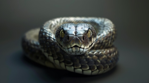 Un primer plano de la cabeza de una serpiente La serpiente tiene escamas negras brillantes y ojos amarillos Está enrollada y mirando a la cámara