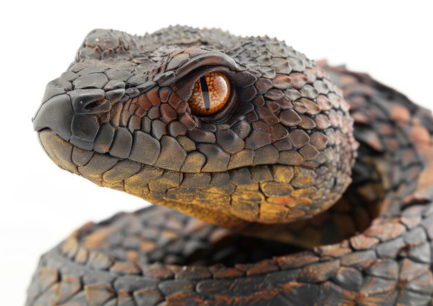 Un primer plano de la cabeza de una serpiente sobre un fondo blanco