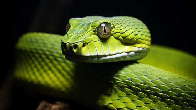 un primer plano de la cabeza de una serpiente verde