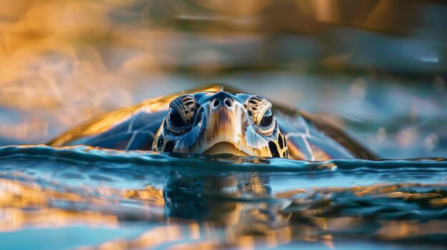 Foto primer plano de la cabeza de una tortuga marina sobresaliendo por encima de la superficie del agua para respirar