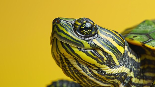 Foto un primer plano de la cabeza de una tortuga la tortuga tiene piel amarilla y verde brillante con rayas negras la tortuга está mirando a la derecha del cuadro