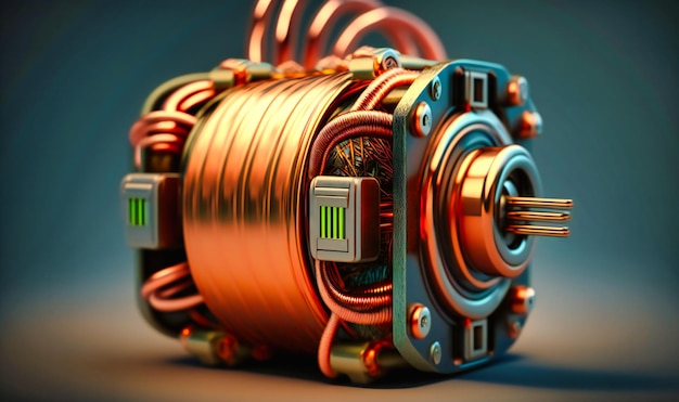 Un primer plano de cables de cobre envueltos alrededor de un cilindro de metal que forma una bobina de motor eléctrico