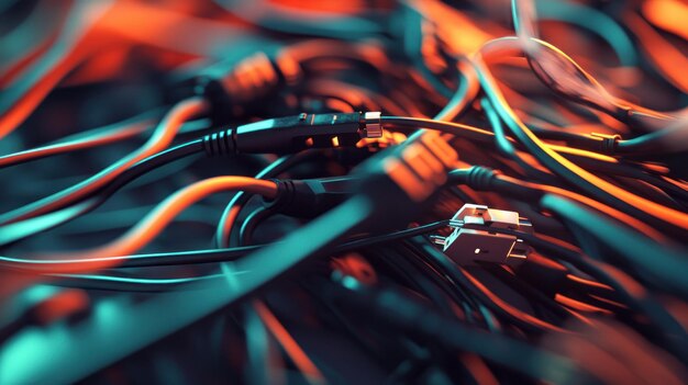 Un primer plano de cables enredados que muestran varios conectores y efectos de iluminación vibrantes