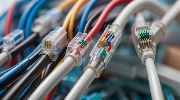 Primer plano de los cables de red conectados para cambiar el enfoque selectivo