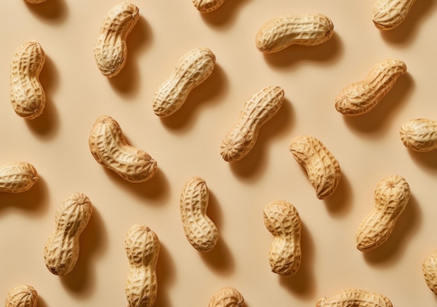 Un primer plano de cacahuetes crudos en un fondo beige claro que muestra su textura y forma únicas que representan bocadillos naturales y una alimentación saludable