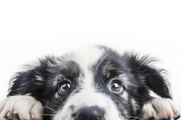 En primer plano un cachorro de border collie aislado en un fondo blanco concepto de obediencia