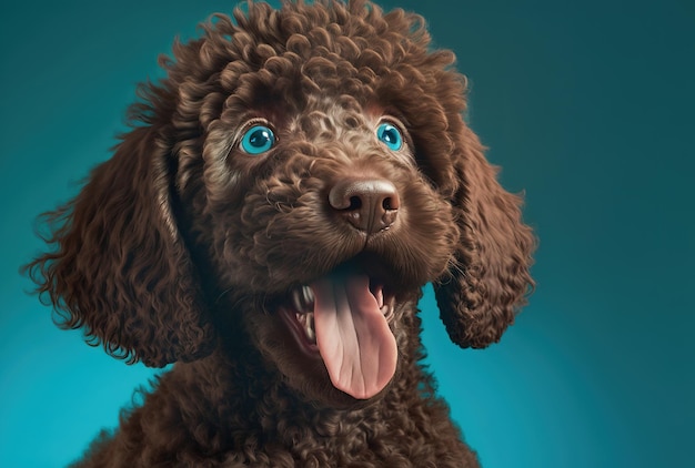 Un primer plano de un cachorro de caniche marrón sacando la lengua contra un fondo azul