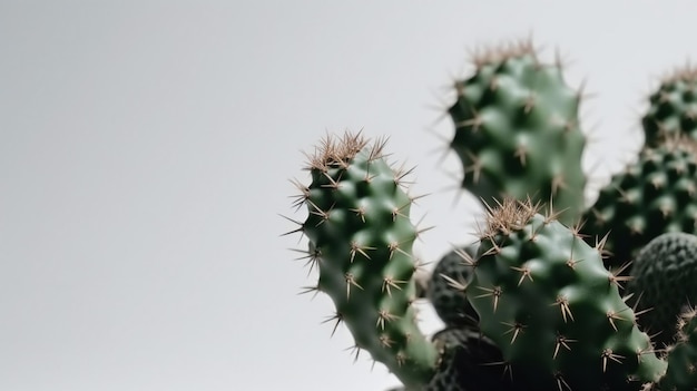 Un primer plano de un cactus con un fondo blanco.