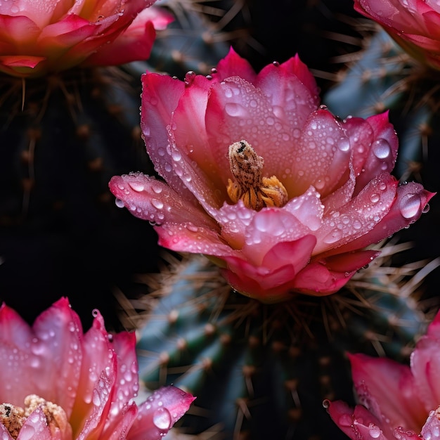 Un primer plano de un cactus con gotas de agua sobre él