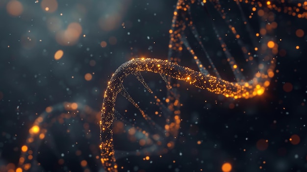 Primer plano de una cadena de ADN brillante en un fondo oscuro concepto de biotecnología y investigación genética