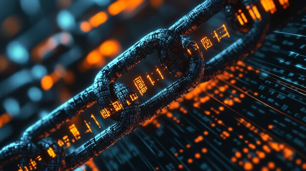 Un primer plano de una cadena digital hecha de código binario sobre un fondo de líneas digitales brillantes