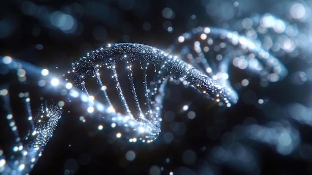Un primer plano de las cadenas de ADN iluminadas