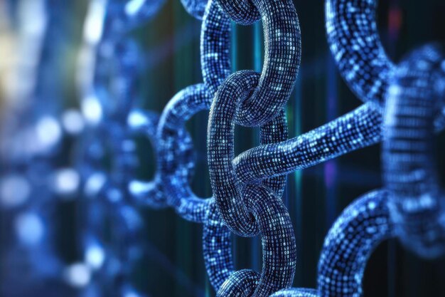 Un primer plano de cadenas digitales interconectadas que representan la tecnología blockchain