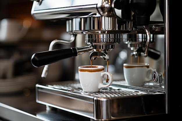 Un primer plano de una cafetera profesional preparando un rico café moca en una taza blanca