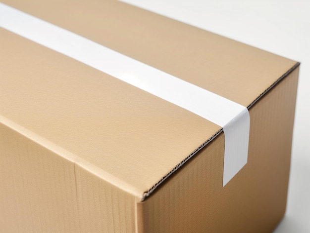 Un primer plano de una caja de cartón marrón con una maqueta de cinta adhesiva blanca en blanco