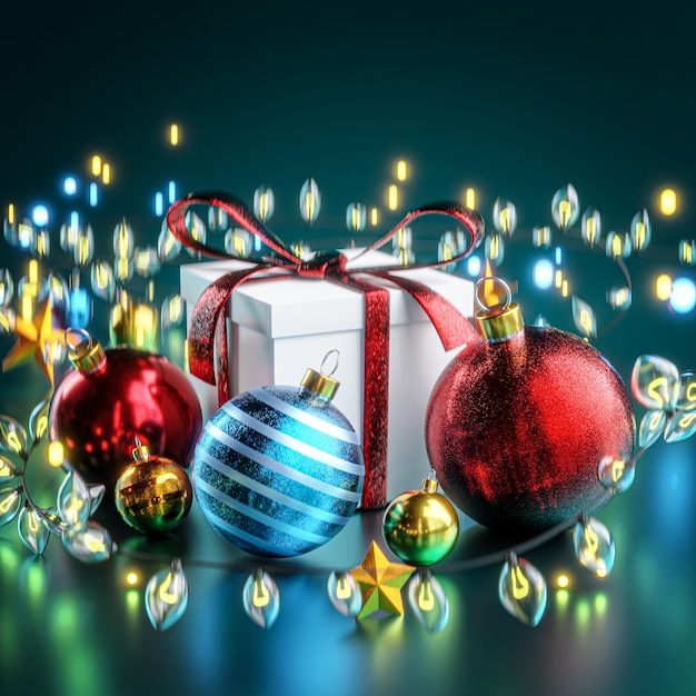 Foto primer plano caja de ensueño regalo bola de navidad rojo azul oro luces de navidad bokeh fondo azul oscuro 3d render