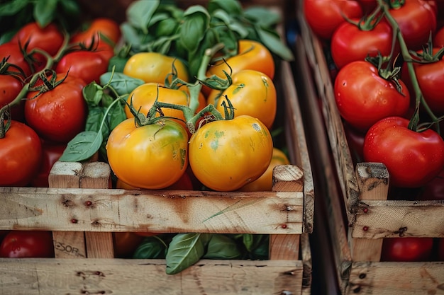 Un primer plano de una caja de tomates