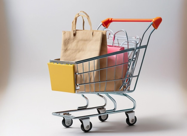 Un primer plano de las cajas de bolsas de colores en un carrito con fondo