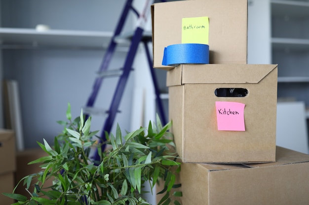 Foto primer plano de cajas de cartón firmado baño y cocina