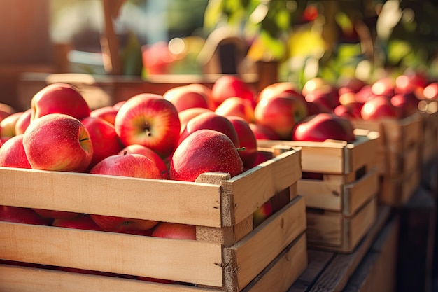 Primer plano de cajas de madera llenas de manzanas maduras