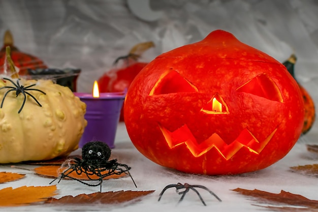 Primer plano de calabazas de Halloween con arañas, velas, calabazas.