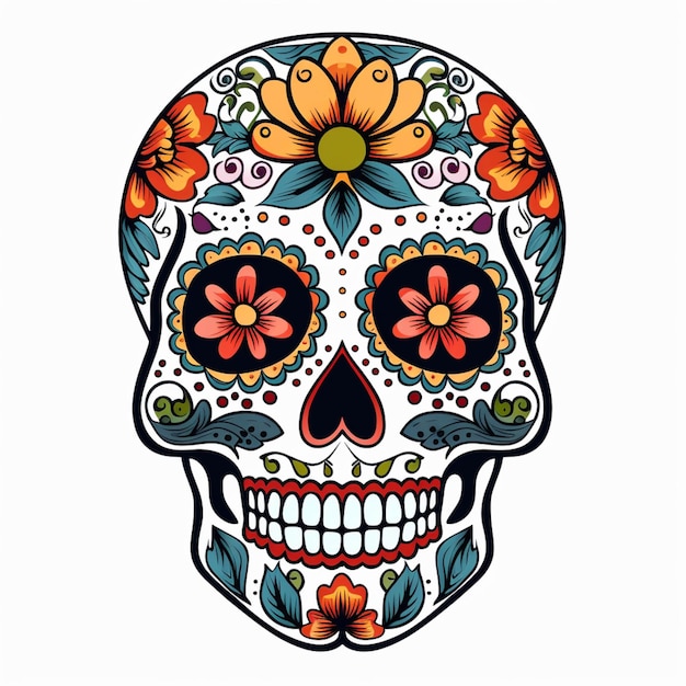 Un primer plano de una calavera con flores en él ai generativo