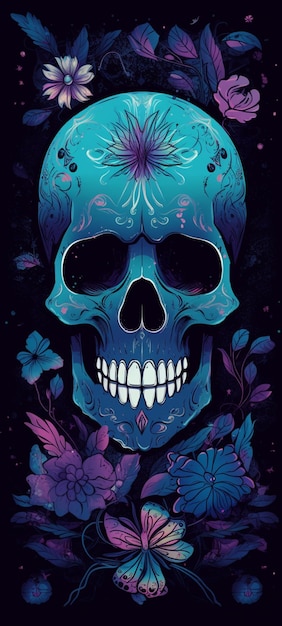 Un primer plano de una calavera con flores y mariposas sobre un fondo negro ai generativo