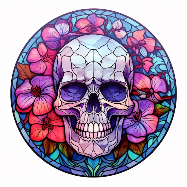 Un primer plano de una calavera con flores en una vidriera generativa ai