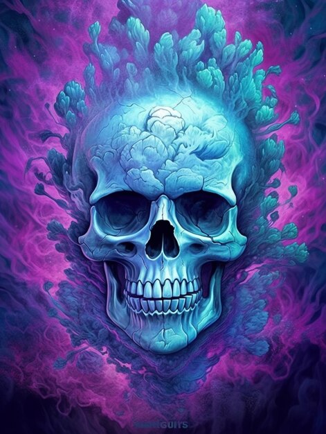 un primer plano de una calavera con un fondo morado ai generativo