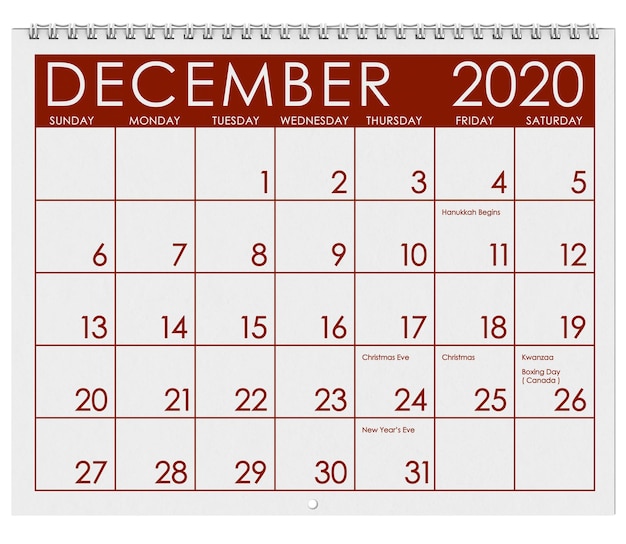 Foto primer plano del calendario de diciembre de 2020