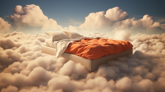 Primer plano de la cama en las nubes en un cielo azul