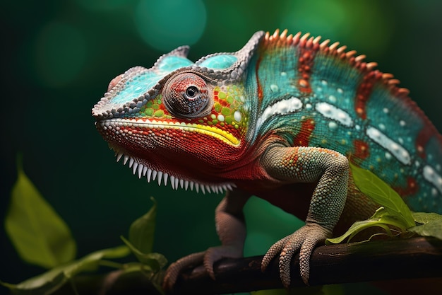 Primer plano de un camaleón colorido en una rama con hojas verdes Primer plano de un camaleón colorido en hojas verdes Animal silvestre generado por IA