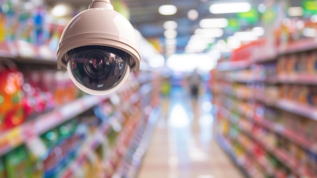 Un primer plano de una cámara de seguridad en forma de cúpula instalada en el techo de una tienda monitoreando discretamente la actividad del cliente debajo
