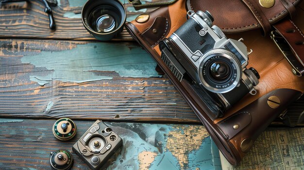 Foto primer plano de una cámara vintage y accesorios en una mesa de madera la cámara está en una caja de cuero marrón y hay un mapa extendido sobre la mesa