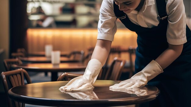 Primer plano de un camarero desinfectando las mesas del café después del trabajo