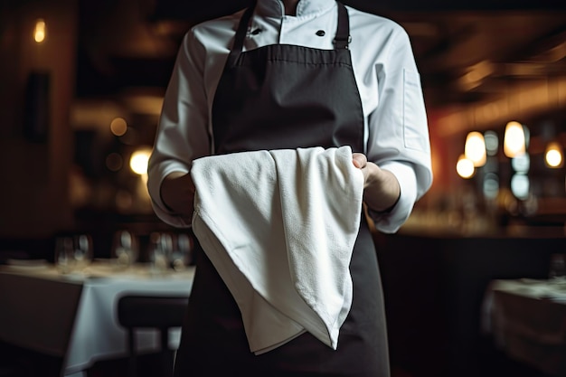 Foto primer plano de un camarero sosteniendo una servilleta blanca en un restaurante un servidor masculino con un uniforme de servidor y sosteniendo una toalla generado por ia