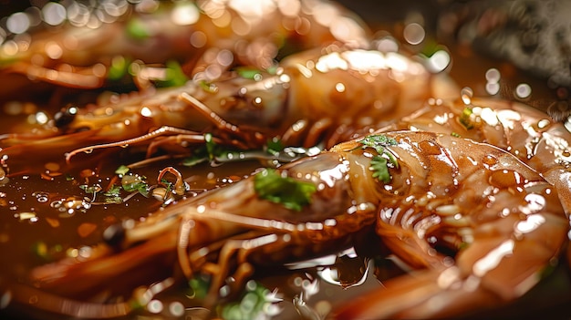 Foto primer plano de camarones crudos empapados en una marinada de salsa de pescado salada que absorbe los ricos sabores y especias para un delicioso banquete de mariscos que destaca la frescura y la calidad de los ingredientes