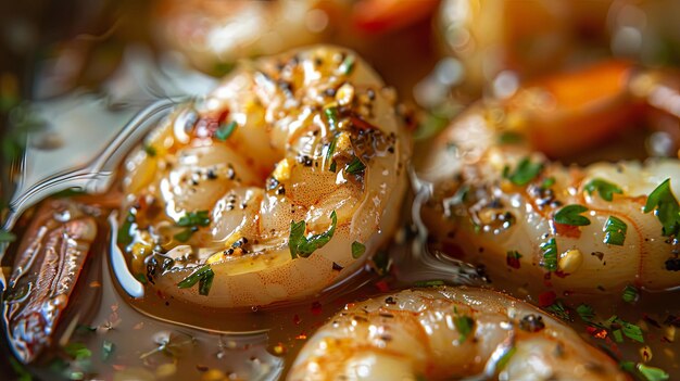 Foto primer plano de camarones crudos empapados en una marinada de salsa de pescado salada que absorbe los ricos sabores y especias para un delicioso banquete de mariscos que destaca la frescura y la calidad de los ingredientes