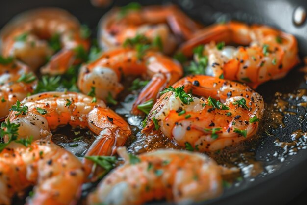 Foto primer plano de camarones en una sartén con hierbas