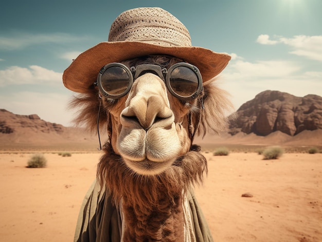 Primer plano de camello con gafas de sol y sombrero generado ai