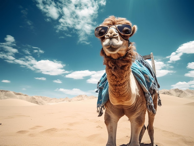 Primer plano de un camello sonriente con gafas en el desierto generado por ai