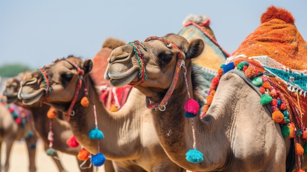 Un primer plano de camellos adornados con trajes tradicionales