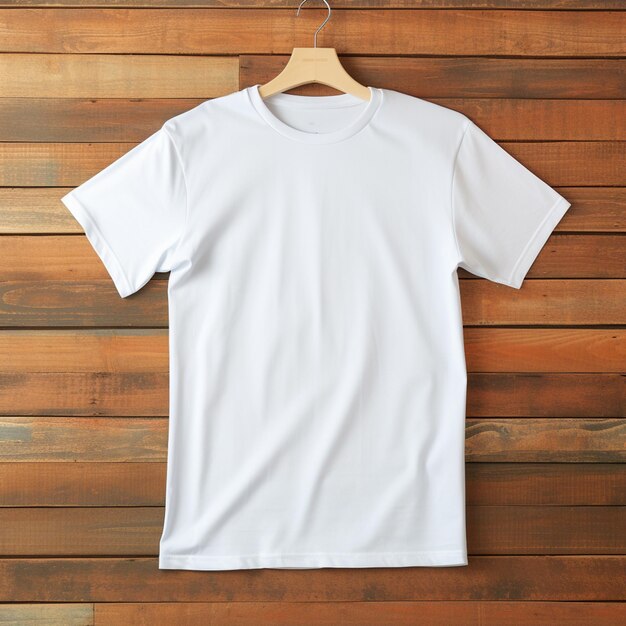 un primer plano de una camiseta blanca colgada en una pared de madera generativa ai