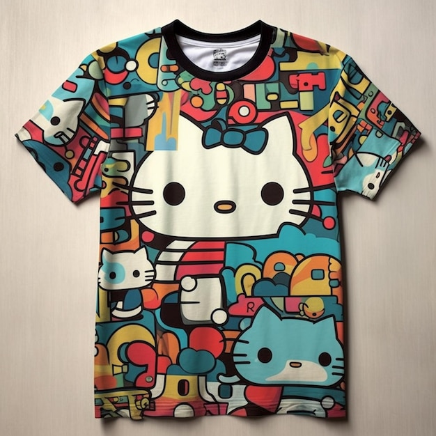 Foto un primer plano de una camiseta de hello kitty con un montón de objetos. ia generativa.