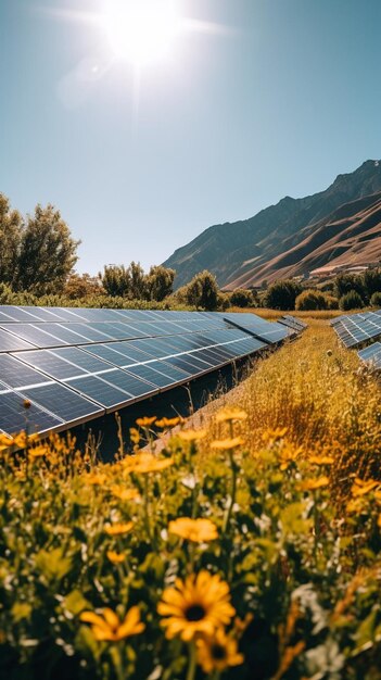 Un primer plano de un campo de flores con un sol en el fondo