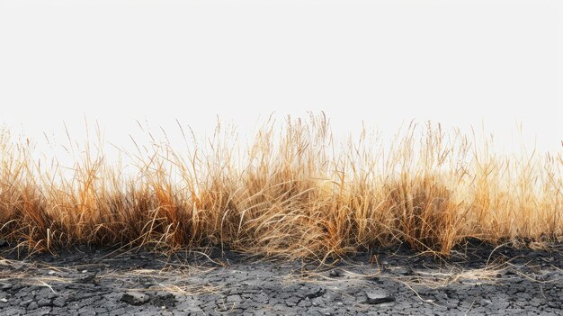 Foto primer plano de un campo de hierba seca con tierra agrietada debajo y fondo blanco