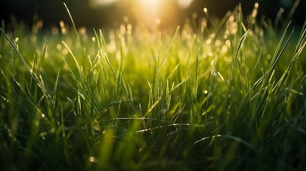 Un primer plano de un campo de hierba con el sol brillando sobre él