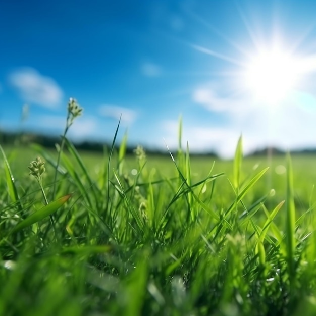 Un primer plano de un campo de hierba con el sol en el fondo