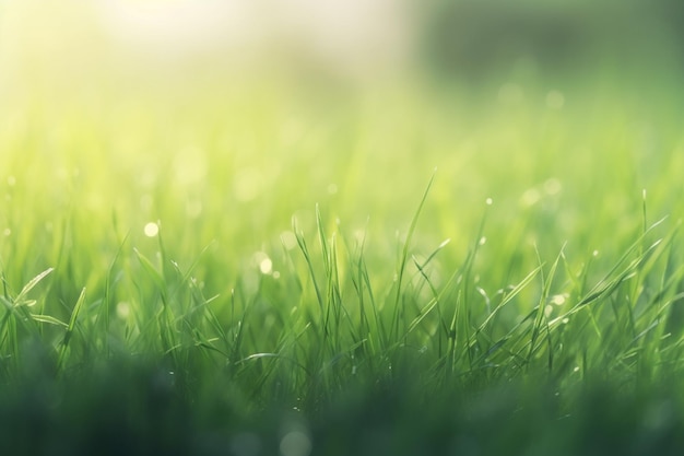 Un primer plano de un campo de hierba verde con el sol brillando sobre él.