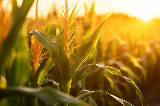 Un primer plano de un campo de maíz en la hora dorada